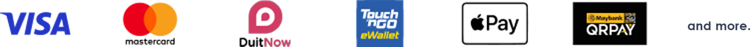 Visa, Mastercard, DuitNow, Touch 'n Go eWallet, Apple Pay, Maybank QRPay and more