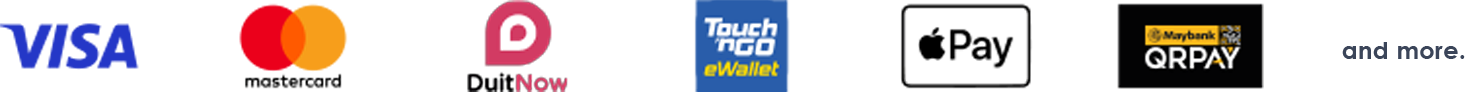 Visa, Mastercard, DuitNow, Touch 'n Go eWallet, Apple Pay, Maybank QRPay and more