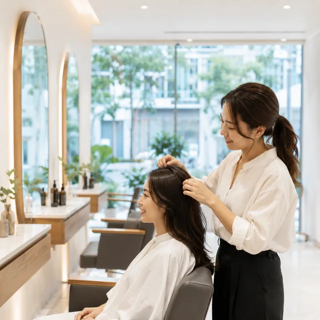 Hair salon stylist with a client
