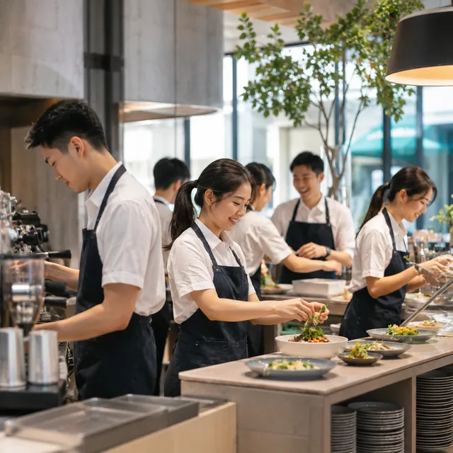 Café team working together behind the counter