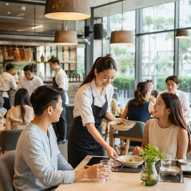 Restaurant server bringing food to guests