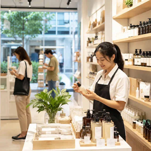 Retail store staff arranging products