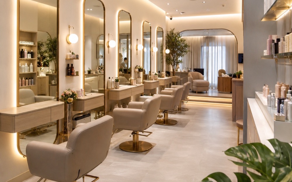 Hair salon styling stations with mirrors