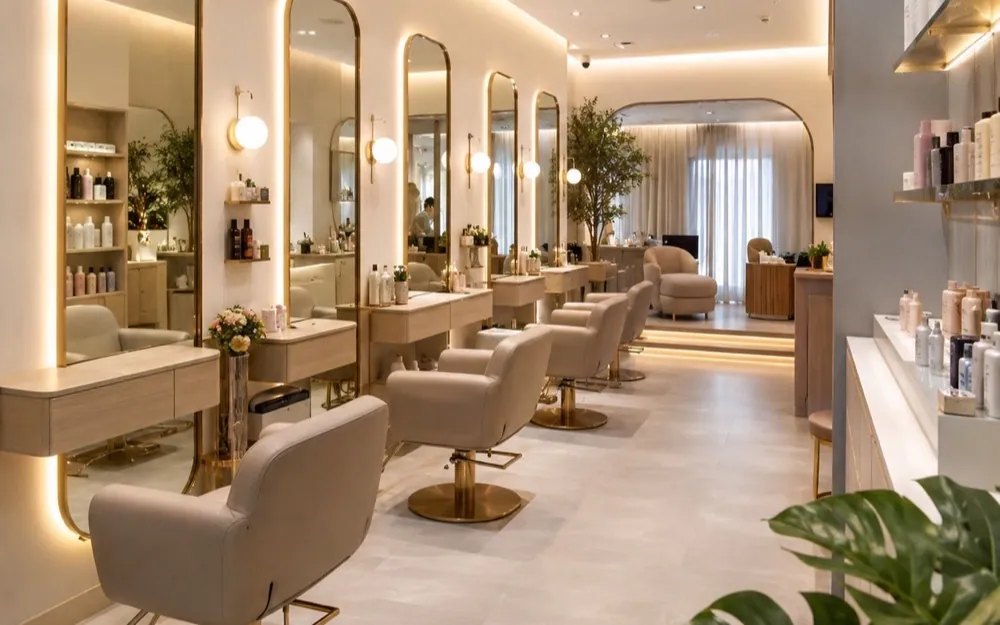 Hair salon styling stations with mirrors