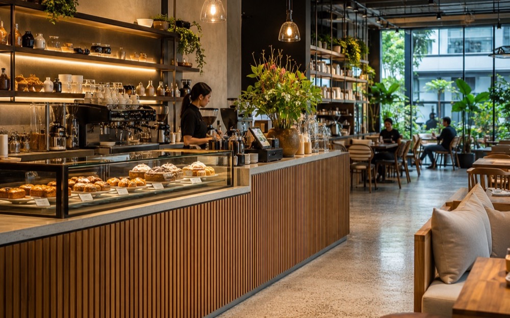 Barista behind a café pastry counter