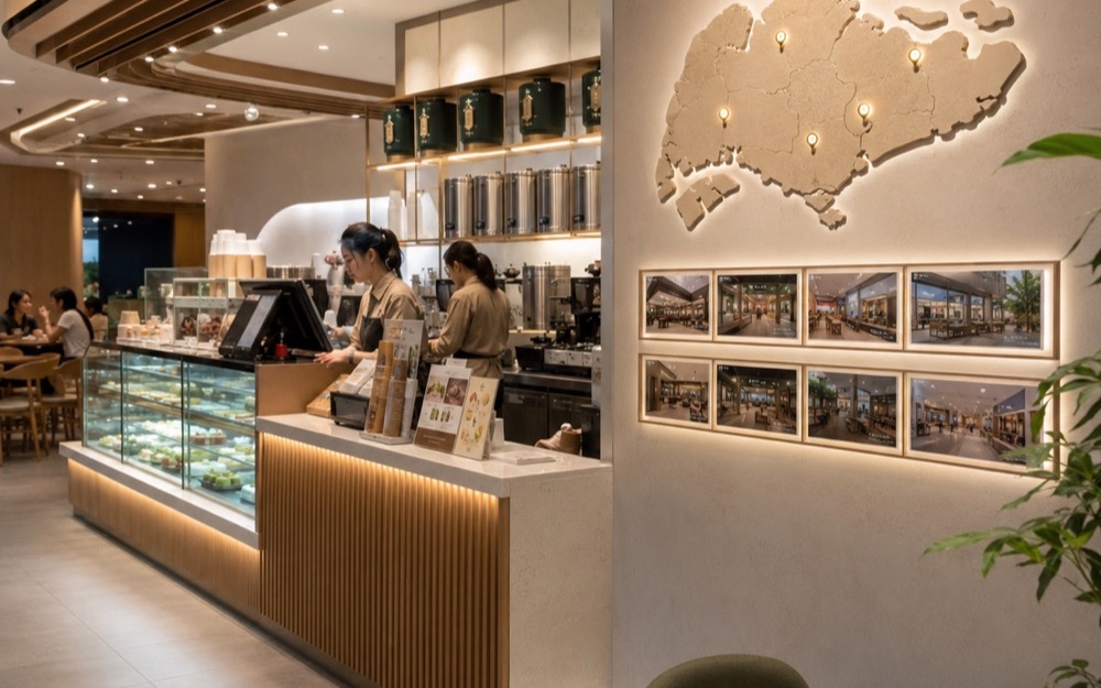 Café counter beside a wall map showing outlet locations