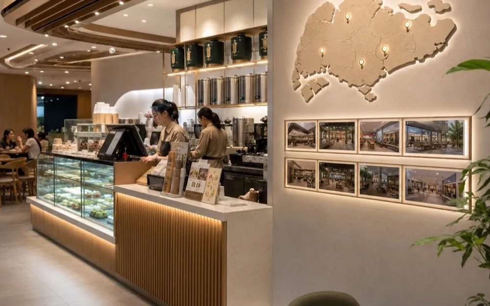 Café counter beside a wall map showing outlet locations