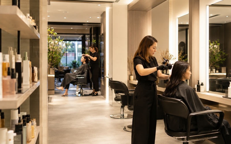 A stylist finishing a client’s hair in a hair salon
