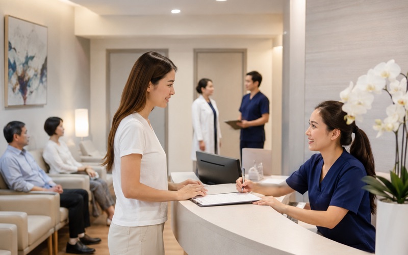 A patient checking in with a nurse at a clinic reception counter