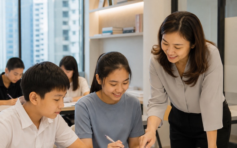 A tutor guiding two students through their work in a classroom