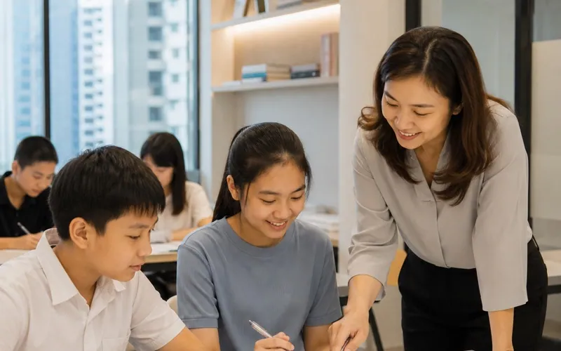 A tutor guiding two students through their work in a classroom