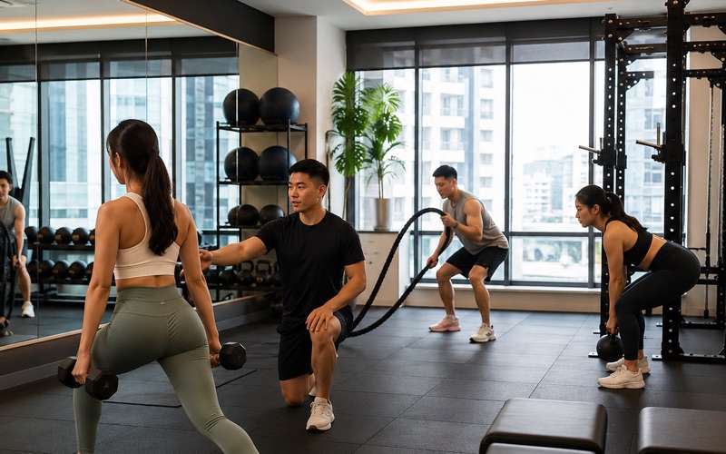 A trainer coaching a member through a session in a gym studio