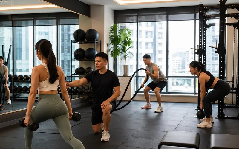 A trainer coaching a member through a session in a gym studio