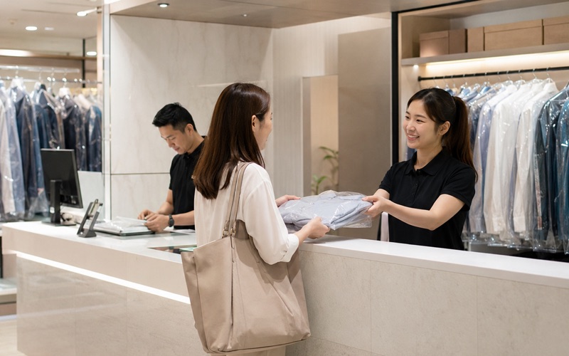 A shop assistant handing pressed shirts to a customer at a dry-cleaning counter