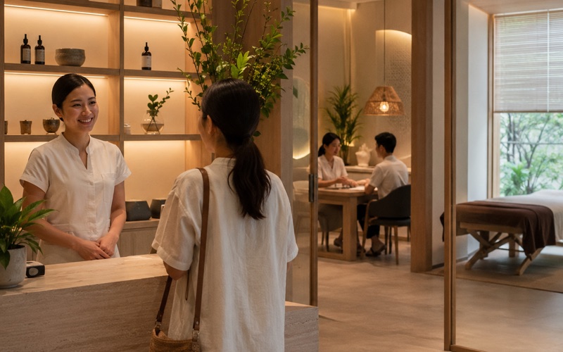 A therapist greeting a guest at a wellness spa reception