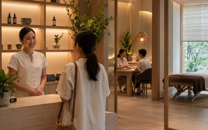 A therapist greeting a guest at a wellness spa reception