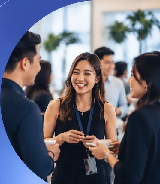 Guests talking over tea at a Qashier networking event