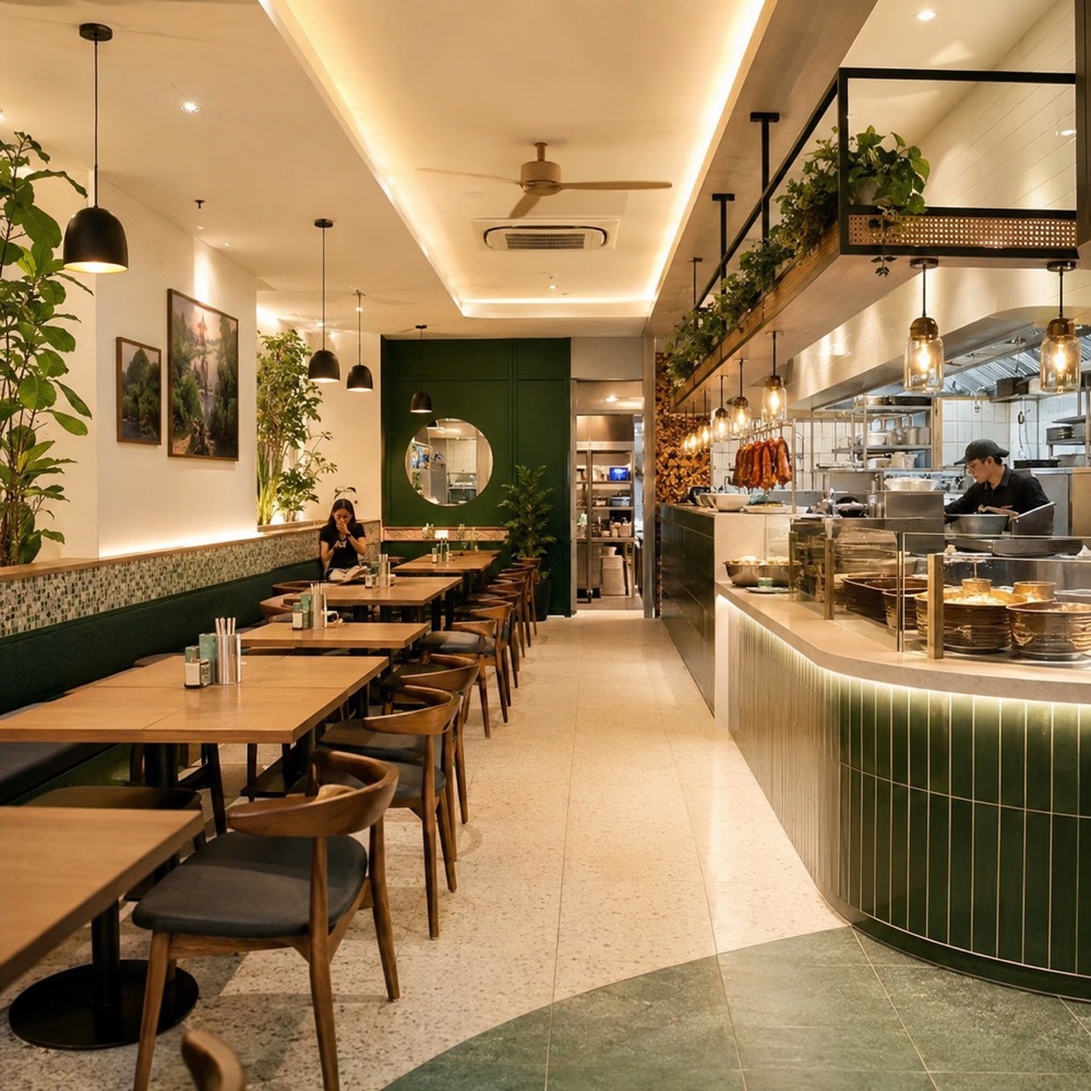 Restaurant dining area and open kitchen