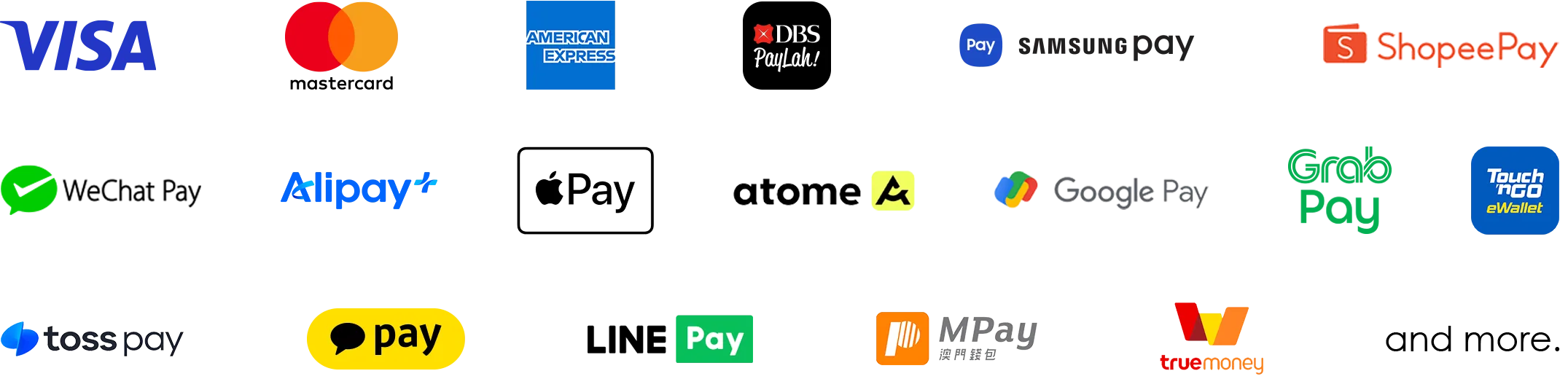 Visa, Mastercard, Amex, DBS PayLah!, Samsung Pay, ShopeePay, WeChat Pay, Alipay+, Apple Pay, Atome, Google Pay, GrabPay, Touch 'n Go, Toss Pay, Kakao Pay, LINE Pay, MPay, TrueMoney and more