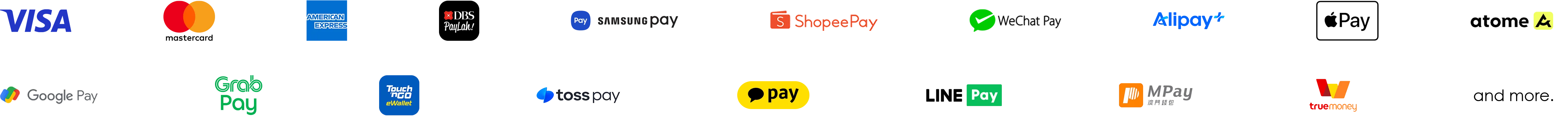 Visa, Mastercard, Amex, DBS PayLah!, Samsung Pay, ShopeePay, WeChat Pay, Alipay+, Apple Pay, Atome, Google Pay, GrabPay, Touch 'n Go, Toss Pay, Kakao Pay, LINE Pay, MPay, TrueMoney and more