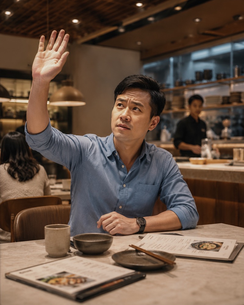 Guest raising a hand, waiting to order