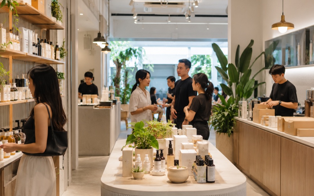 Customers browsing a bright skincare concept store with staff packing orders behind the counter