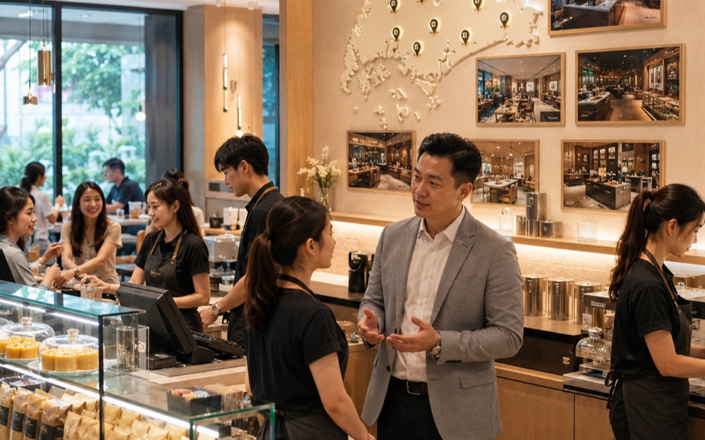 A cafe owner talking with staff behind the counter, outlet photos and a map on the wall behind them