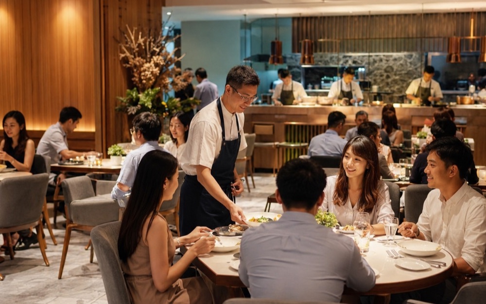 A server bringing dishes to a table of diners in a busy restaurant