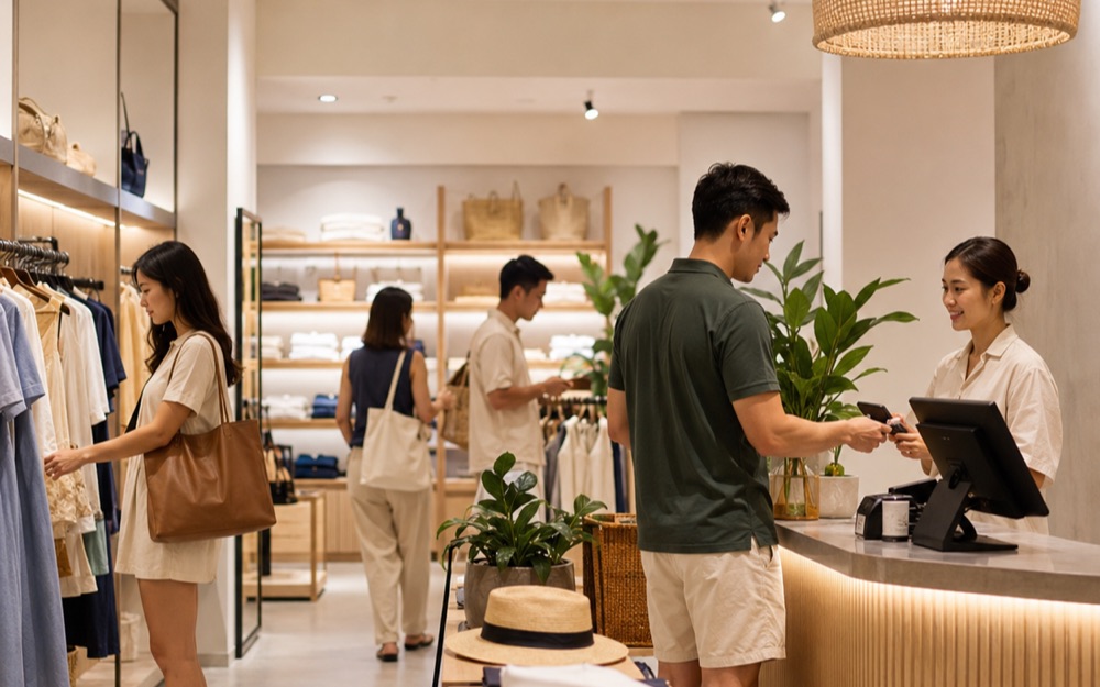 A customer paying at the counter of an apparel store while others browse the racks