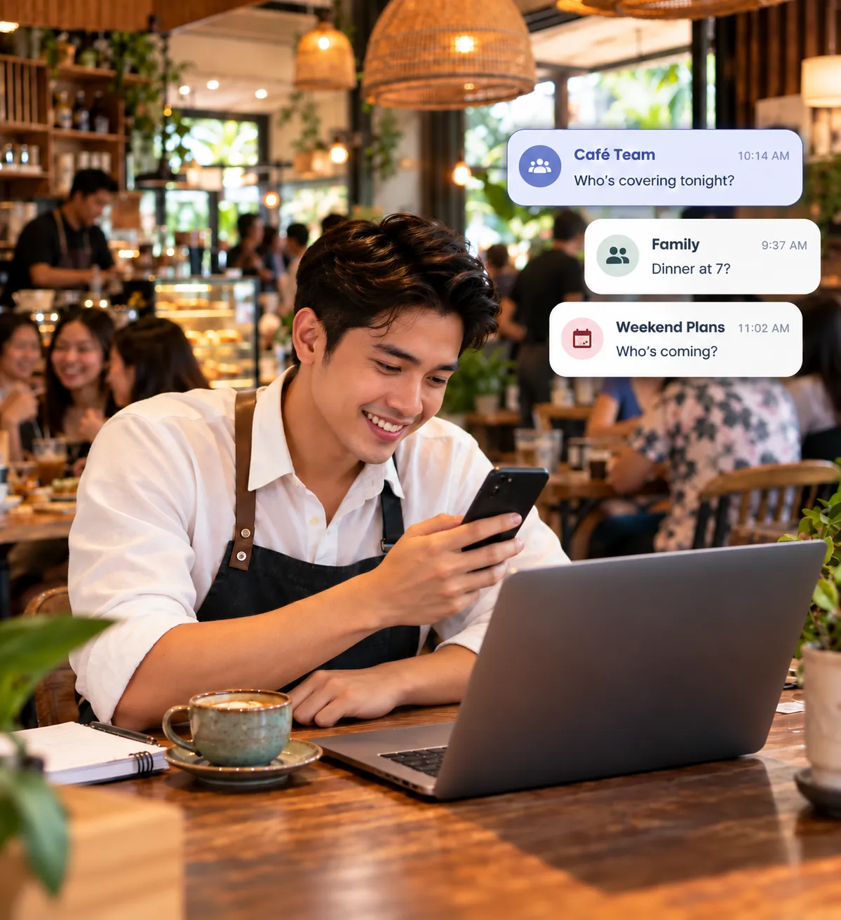 พนักงานร้านกาแฟเช็กมือถือข้างแล็ปท็อปในช่วงที่ร้านยุ่ง โดยมีการแจ้งเตือนแชตงานและแชตส่วนตัวปนกัน