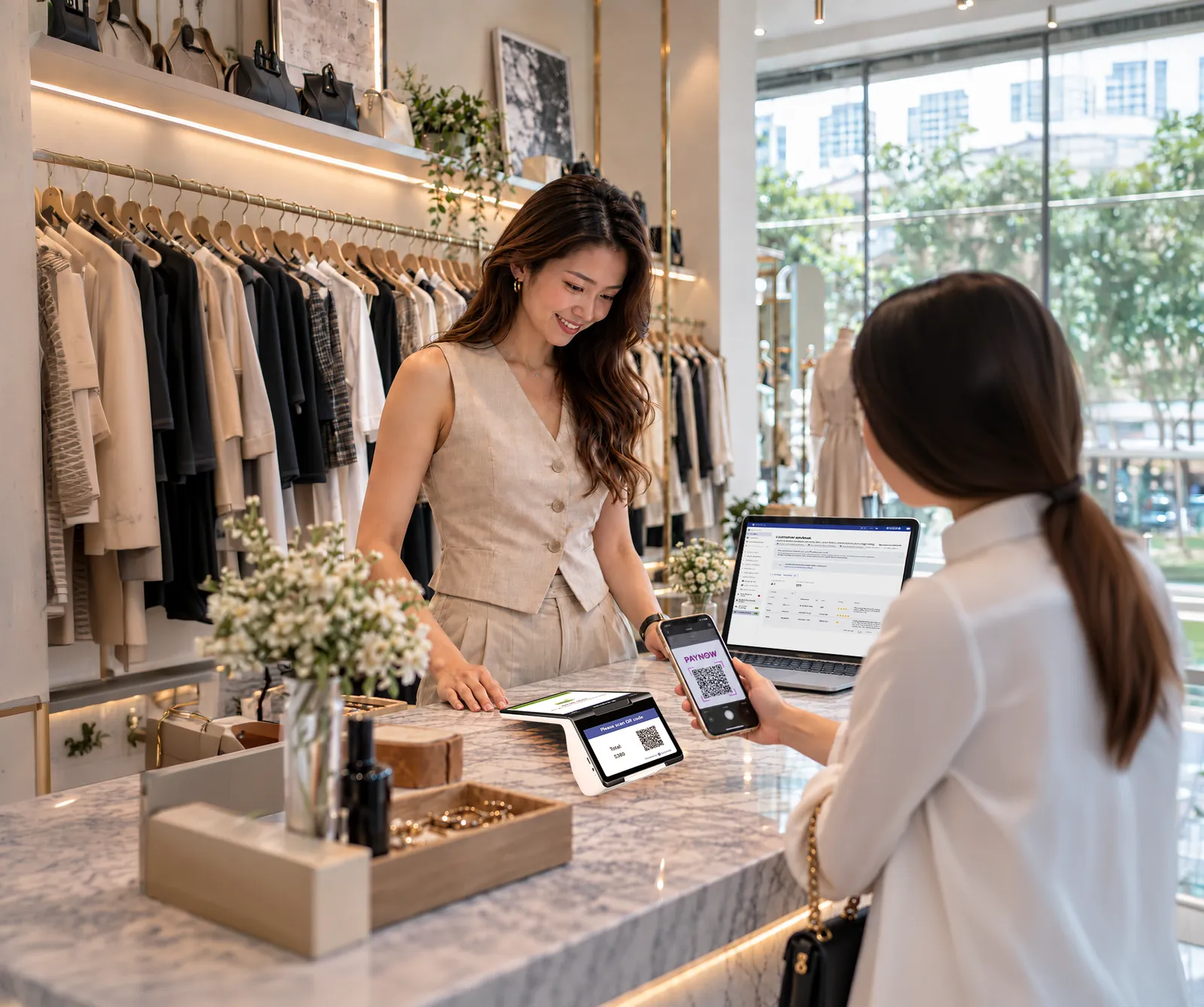 A boutique owner smiles as a customer pays by QR code on a Qashier terminal