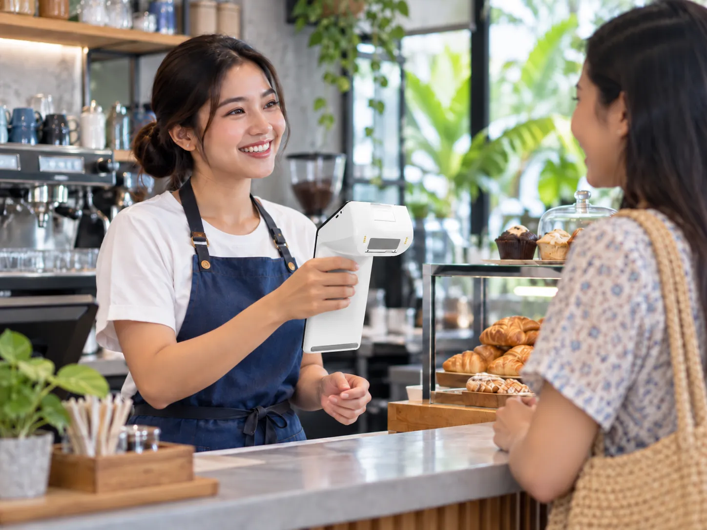A smiling barista holds out a Qashier terminal to a regular at the café counter