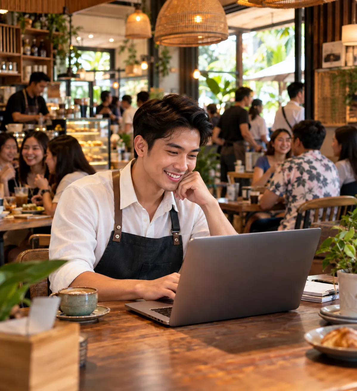 A franchise owner checks outlet performance on his laptop in a busy café