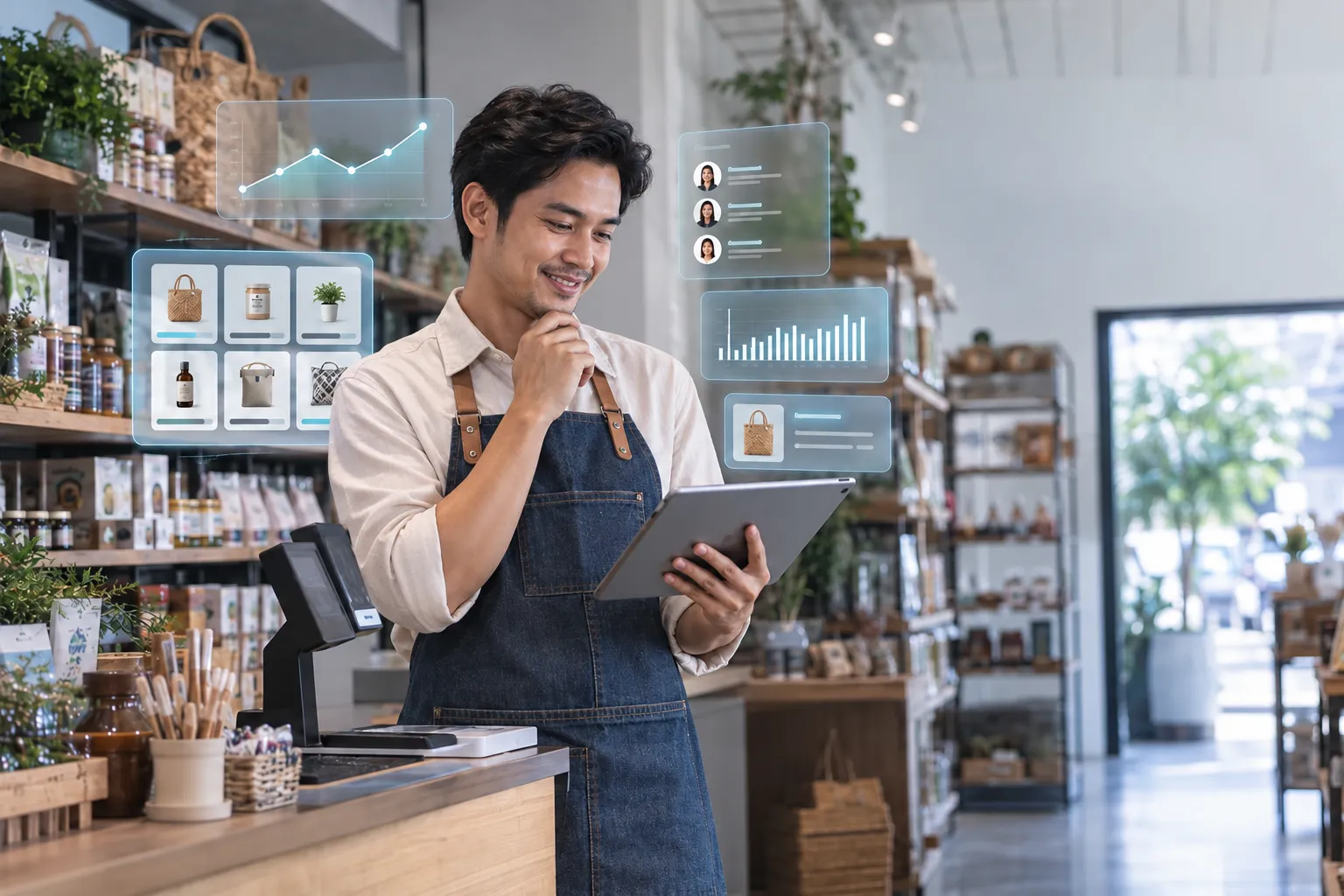 A shop owner reviews sales and stock on a tablet behind his store counter