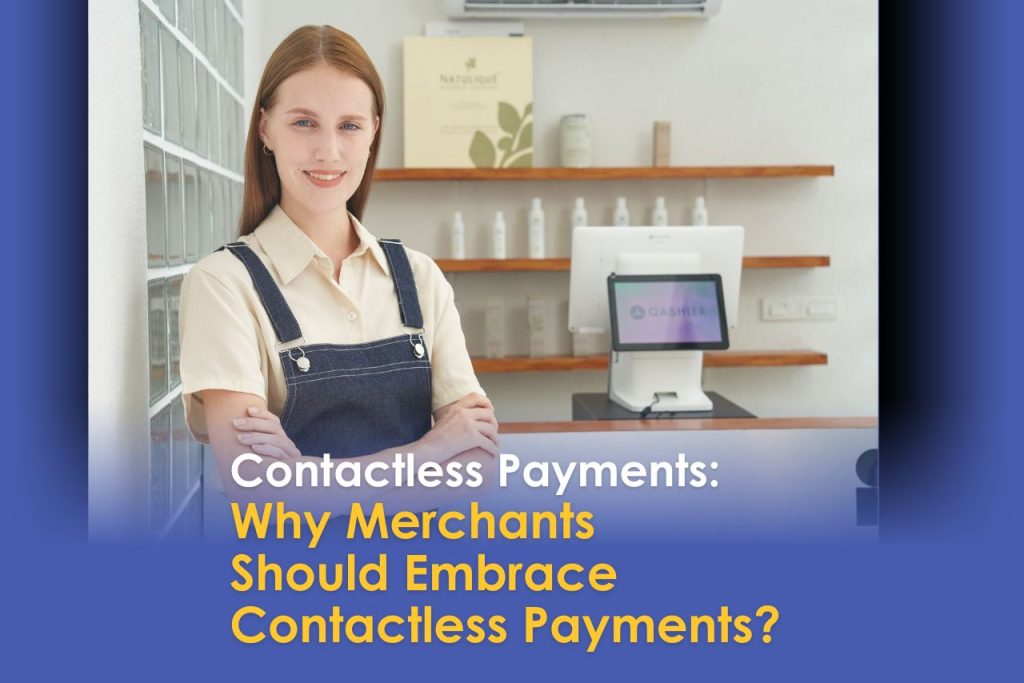 Merchant staff with a POS machine, allowing contactless and cashless payments